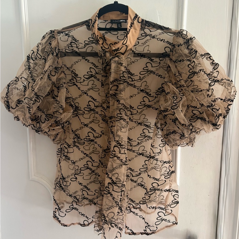 Sheer Beige Puff Sleeve Script Blouse